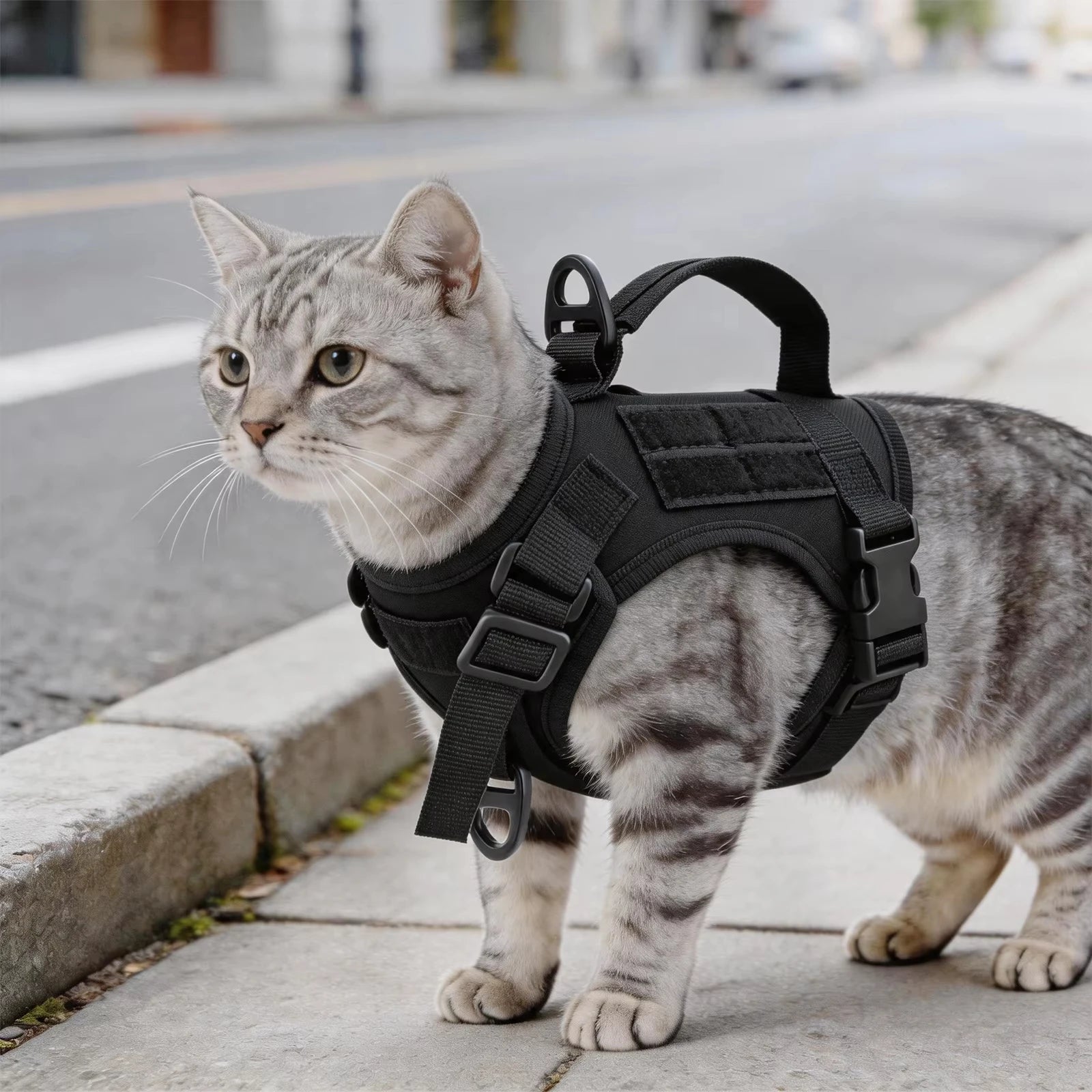 Tactical Cat Harness Vest and Leash Set Adjustable Escape Proof Soft Mesh with Handle Outdoor Walking Pet Training Supplies