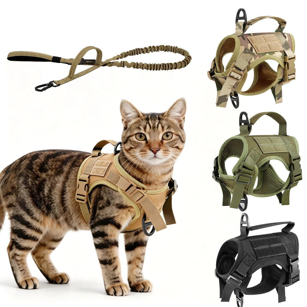 Tactical Cat Harness Vest and Leash Set Adjustable Escape Proof Soft Mesh with Handle Outdoor Walking Pet Training Supplies