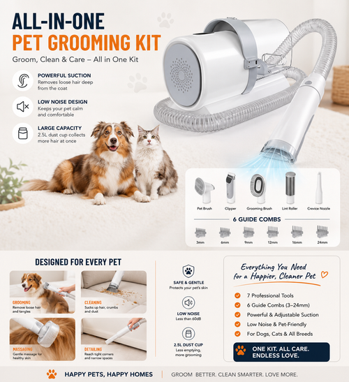 Dog Grooming Vacuum Kit 7 in 1, Cat & Dog Hair Vacuum Brush for Shedding - Includes Rollers, Deshedding Mitts, Nail & Paw Trimmer