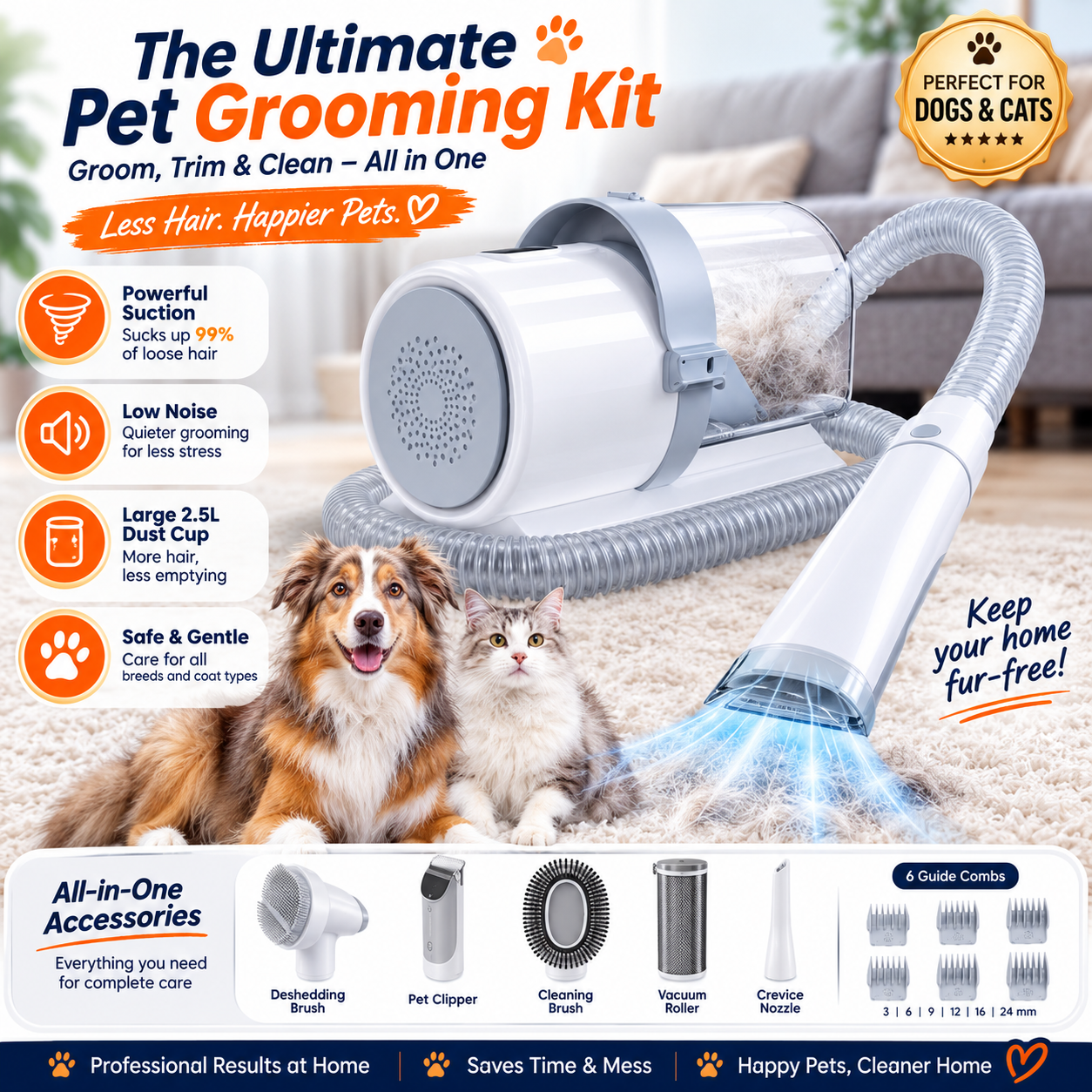 Dog Grooming Vacuum Kit 7 in 1, Cat & Dog Hair Vacuum Brush for Shedding - Includes Rollers, Deshedding Mitts, Nail & Paw Trimmer